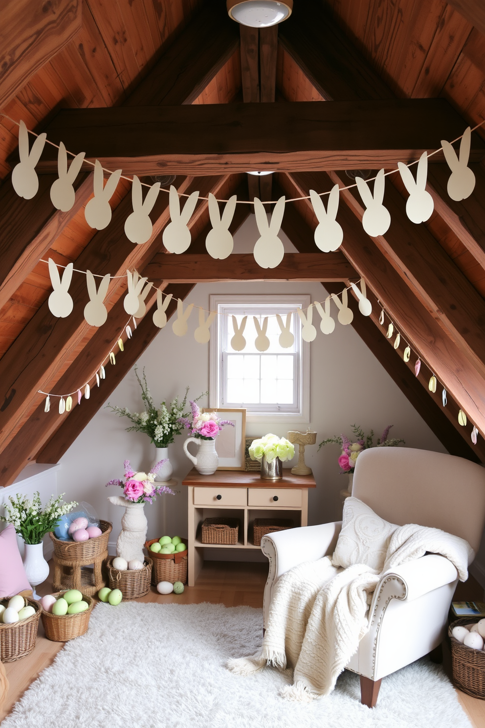 An attic transformed into an Easter wonderland. DIY garlands of paper bunnies hang from the wooden beams, creating a whimsical atmosphere. The space is filled with pastel-colored decorations, including painted eggs and floral arrangements. A cozy reading nook with a plush armchair and a soft throw blanket invites relaxation.