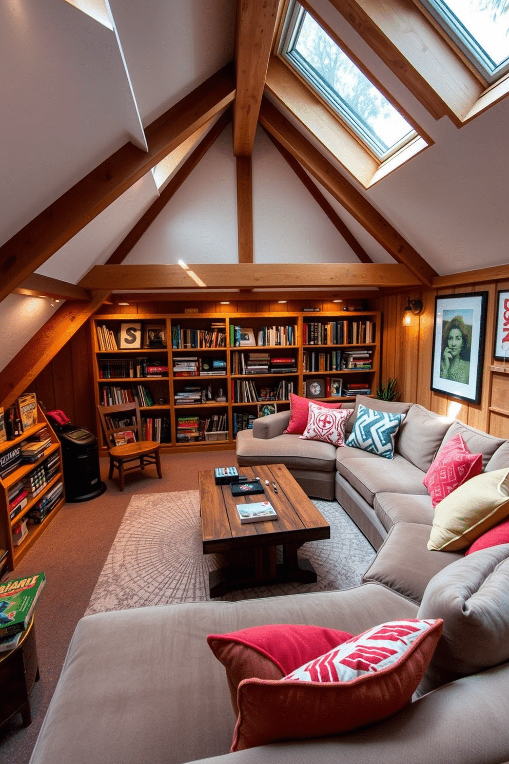 A cozy corner for board games features a plush, oversized sectional sofa adorned with colorful throw pillows, inviting friends and family to gather. A rustic wooden coffee table sits in the center, surrounded by a collection of board games neatly arranged on shelves nearby. The attic game room is designed with sloped ceilings and large skylights that flood the space with natural light. Warm wooden beams contrast with soft, ambient lighting, creating an inviting atmosphere for fun and relaxation.