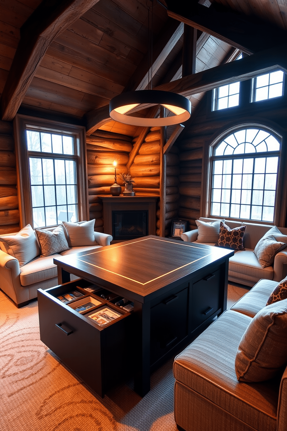 A stylish game table with built-in storage sits in the center of a cozy attic game room, surrounded by plush seating for an inviting atmosphere. The walls are adorned with rustic wooden beams, and large windows provide ample natural light, highlighting the rich textures of the space. The game table features a sleek design with hidden compartments for board games and accessories, seamlessly blending functionality with aesthetic appeal. Soft ambient lighting creates a warm and welcoming environment, perfect for family game nights or entertaining friends.