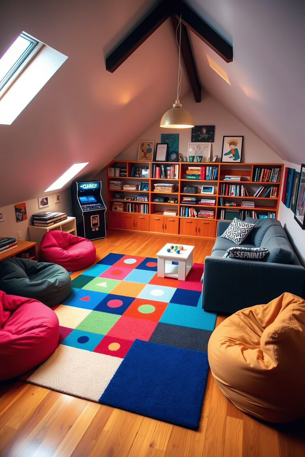 A vibrant, colorful rug anchors the seating area in the attic game room, featuring geometric patterns that pop against the warm wooden floor. Surrounding the rug, a mix of plush bean bags and a sleek sectional sofa create an inviting space for relaxation and play. The walls are adorned with playful artwork and shelves filled with board games and books, adding personality to the room. A vintage arcade machine stands in one corner, complemented by soft, ambient lighting from stylish pendant fixtures hanging from the sloped ceiling.