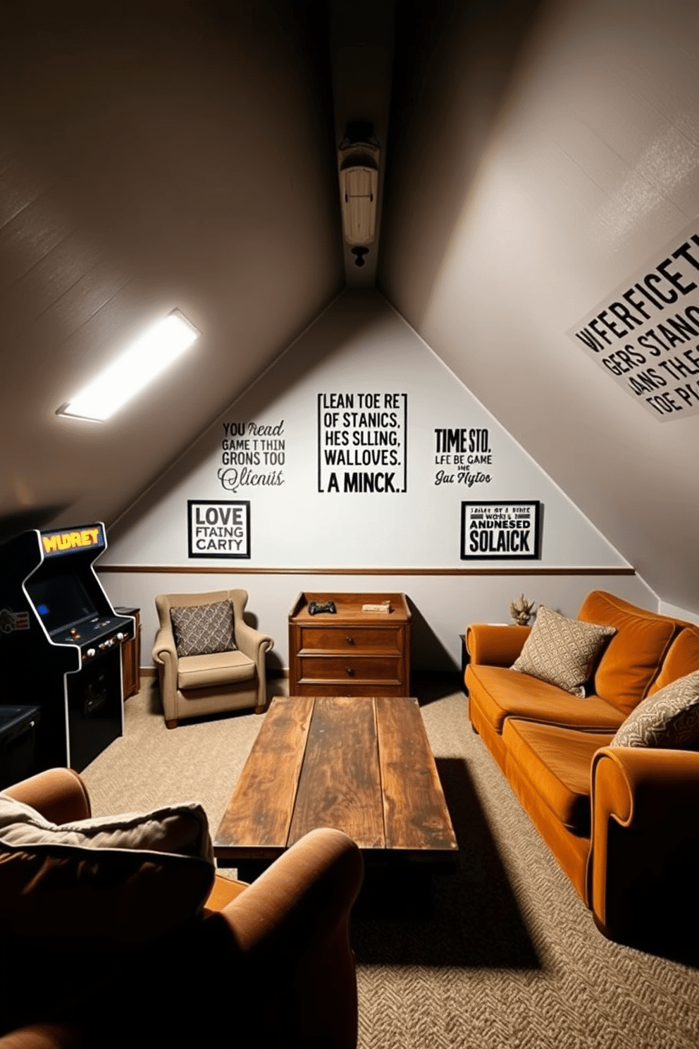 A cozy attic game room features sloped ceilings adorned with personalized wall art showcasing inspiring game quotes. The space is filled with plush seating, a vintage arcade machine, and a rustic wooden coffee table, creating an inviting atmosphere for gaming enthusiasts.