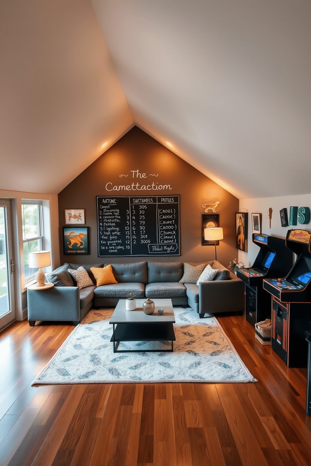 A modern attic game room featuring an interactive chalkboard for scorekeeping on one wall, surrounded by colorful artwork and playful decor. The space is filled with a cozy sectional sofa, a sleek coffee table, and a vintage arcade machine, all under warm, ambient lighting. The flooring is a rich hardwood, complemented by a soft area rug that adds comfort. Large windows allow natural light to flood the room, creating an inviting atmosphere perfect for family game nights.