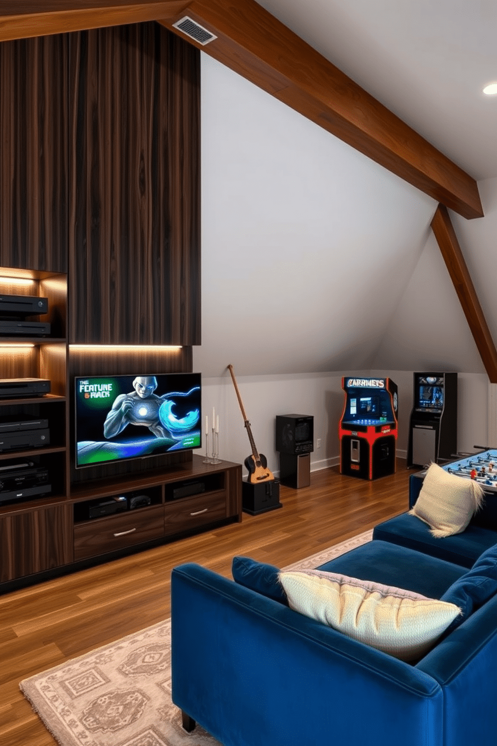 A stylish gaming console station is set against a sleek, dark wood wall unit, showcasing an array of gaming consoles and accessories. Soft LED lighting highlights the shelves, while a plush sectional sofa in a deep blue hue provides comfortable seating for gamers. The attic game room features sloped ceilings adorned with exposed wooden beams, creating a cozy yet modern atmosphere. A large area rug anchors the space, complemented by a vintage arcade machine and a foosball table, inviting friends and family to enjoy hours of entertainment.