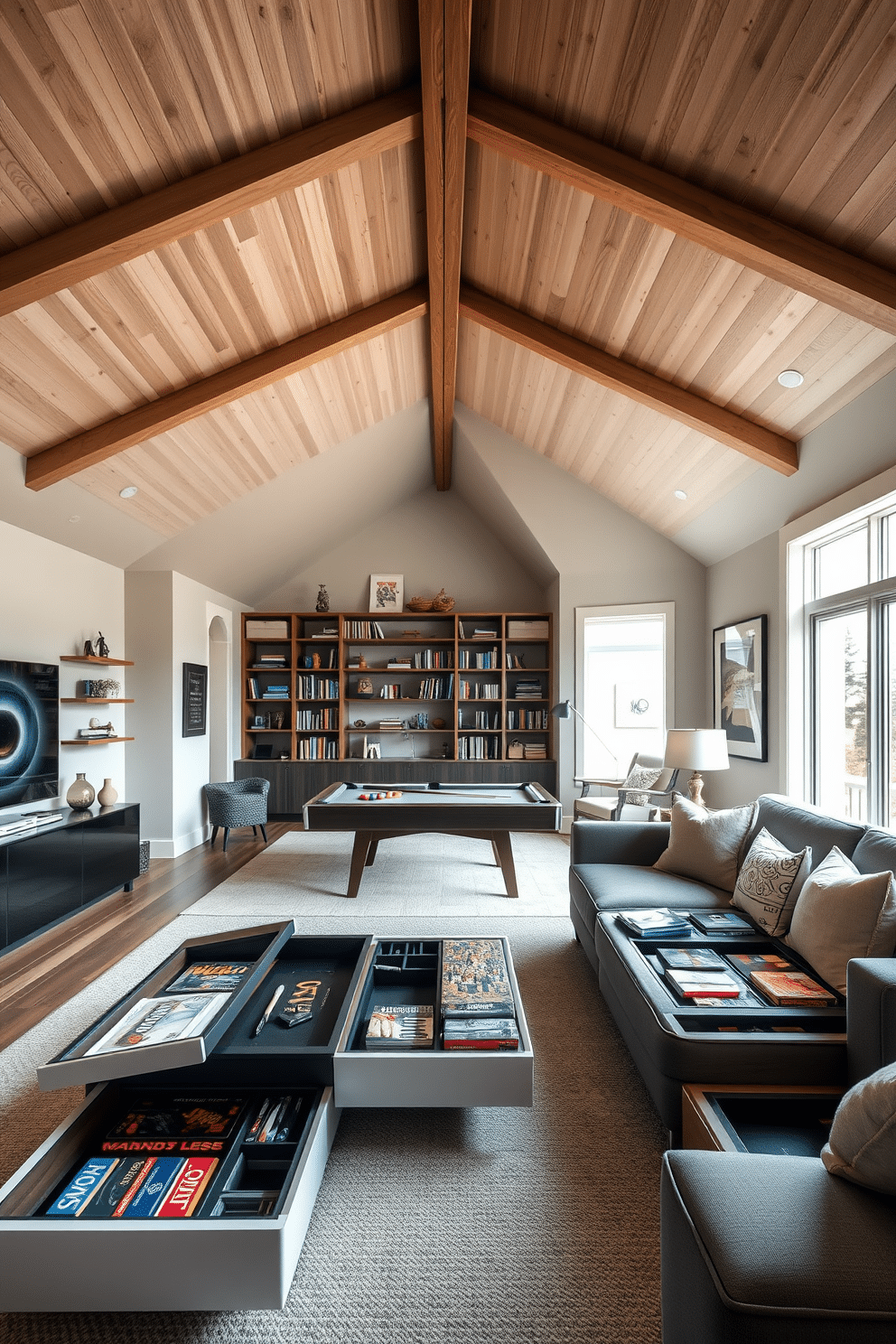 A modern living room featuring innovative furniture designs with hidden storage solutions. A sleek coffee table opens up to reveal compartments for board games and magazines, while an elegant sofa has built-in drawers beneath its cushions for extra blankets and pillows. An inviting attic game room designed for entertainment and relaxation. The space includes a pool table centered under a wooden beam ceiling, surrounded by cozy seating and shelves filled with games, while large windows provide natural light and a view of the outdoors.