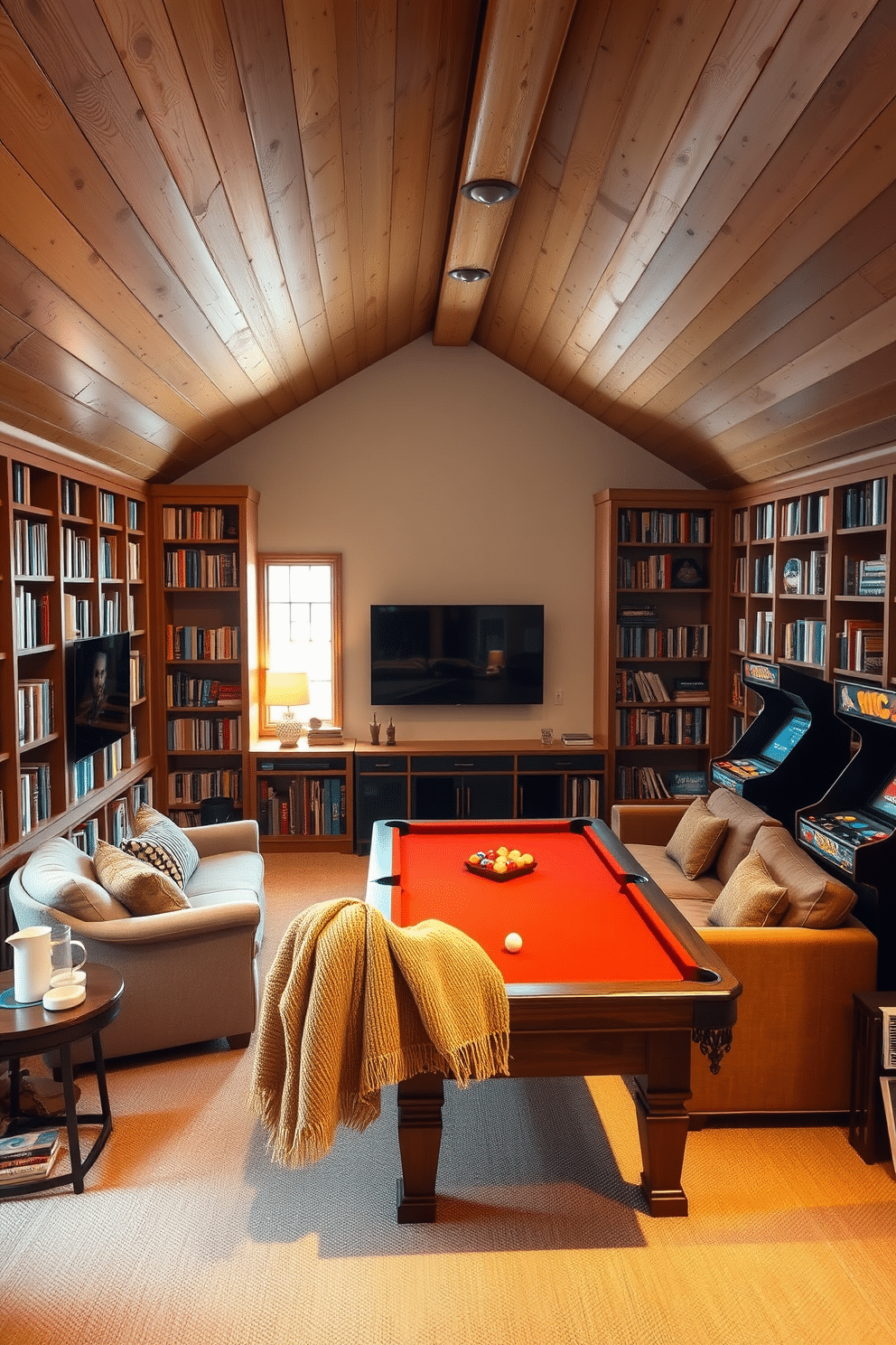 Cozy reading nook with bookshelves. A plush armchair is positioned next to a large window, with soft, natural light spilling in. Surrounding the nook, built-in bookshelves are filled with an array of colorful books, creating a warm and inviting atmosphere. A small side table holds a steaming cup of tea and a cozy throw blanket draped over the armchair. Attic Game Room Design Ideas. The space features a rustic wooden ceiling with exposed beams, enhancing the cozy ambiance. A large sectional sofa faces a wall-mounted flat-screen TV, while a pool table occupies the center of the room, surrounded by vintage arcade games and a mini bar for entertaining guests.