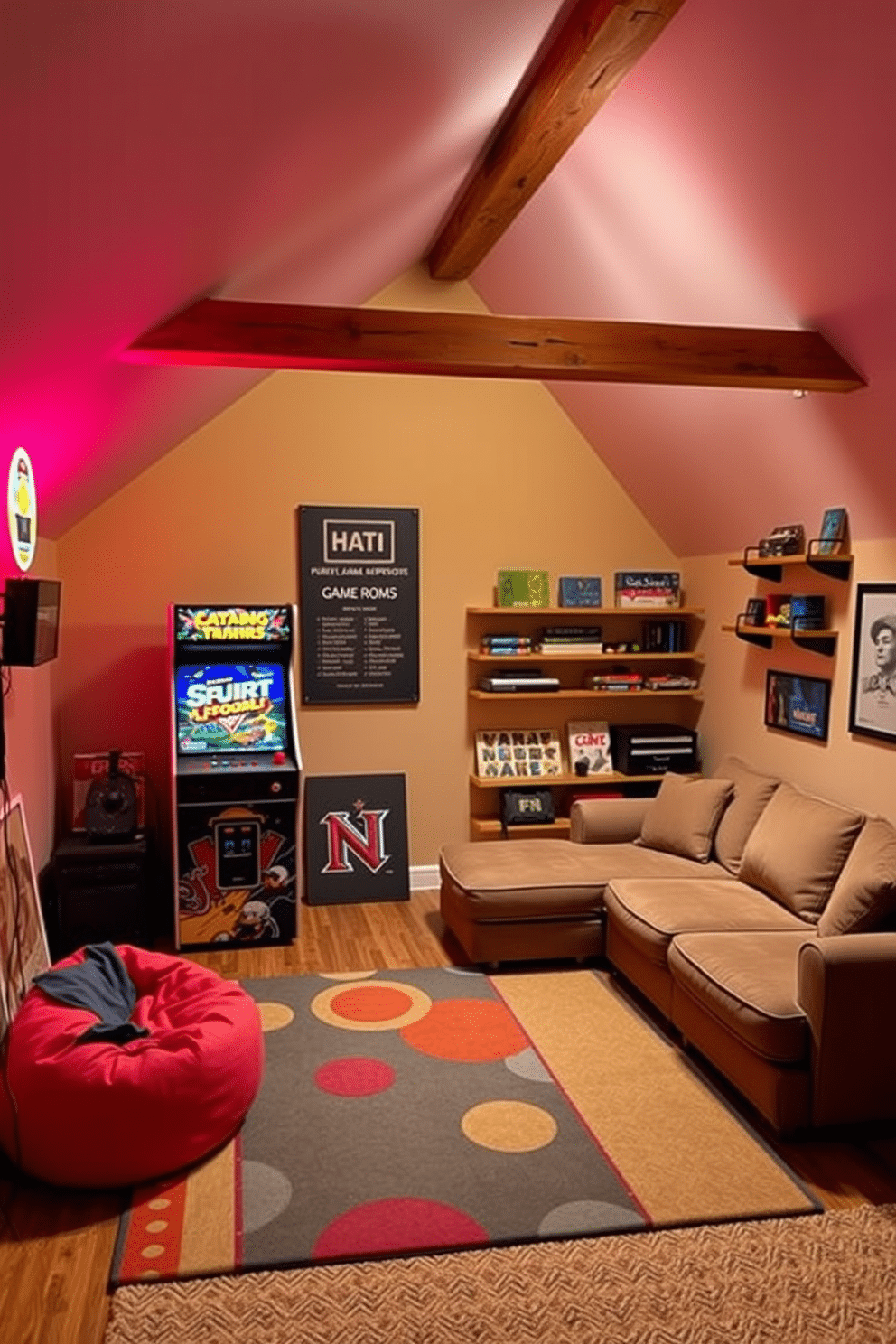 A vintage arcade machine setup features a retro-style arcade cabinet with vibrant artwork, surrounded by neon lights that create a nostalgic ambiance. The floor is adorned with a colorful rug, and a small seating area with bean bags invites players to relax between games. The attic game room is designed with sloped ceilings and exposed wooden beams, creating a cozy yet playful atmosphere. Wall-mounted shelves display classic board games and memorabilia, while a plush sectional sofa provides ample seating for friends and family.