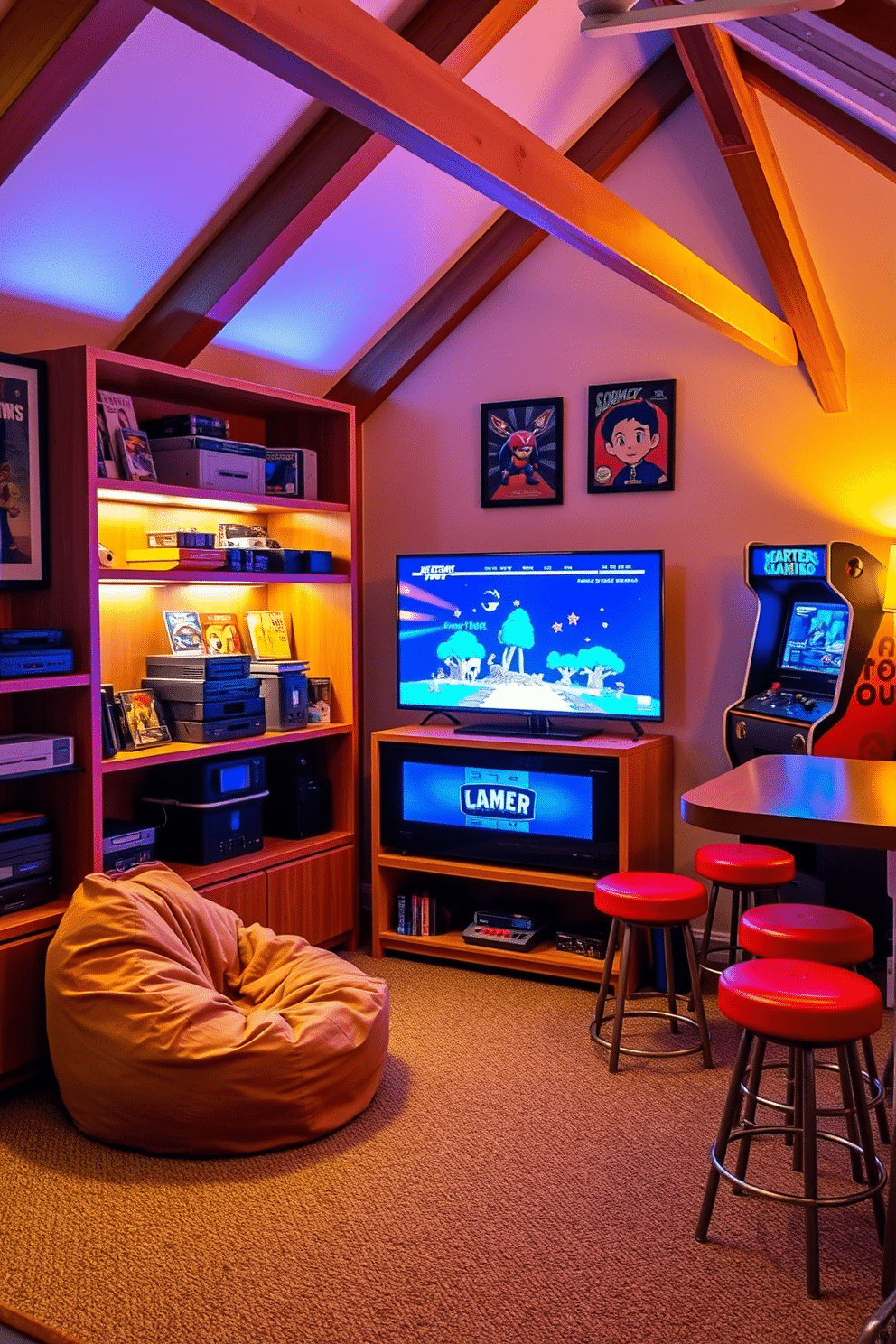 A cozy retro gaming corner features a collection of vintage consoles displayed on a sleek wooden shelf, accompanied by colorful game cartridges and memorabilia. A plush bean bag chair sits in the corner, inviting players to relax while enjoying classic games on a large retro television. The attic game room is designed with exposed wooden beams and warm ambient lighting, creating a welcoming atmosphere for gaming enthusiasts. A stylish arcade machine stands against the wall, complemented by a small bar area with retro stools for refreshments during gaming sessions.