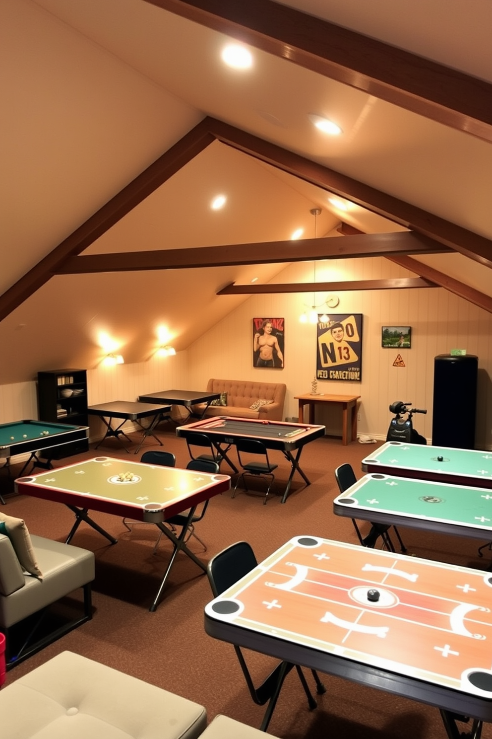 A cozy attic game room featuring a series of folding tables arranged for versatile gameplay. The space is illuminated by warm recessed lighting, with colorful wall art and comfortable seating options to enhance the fun atmosphere.