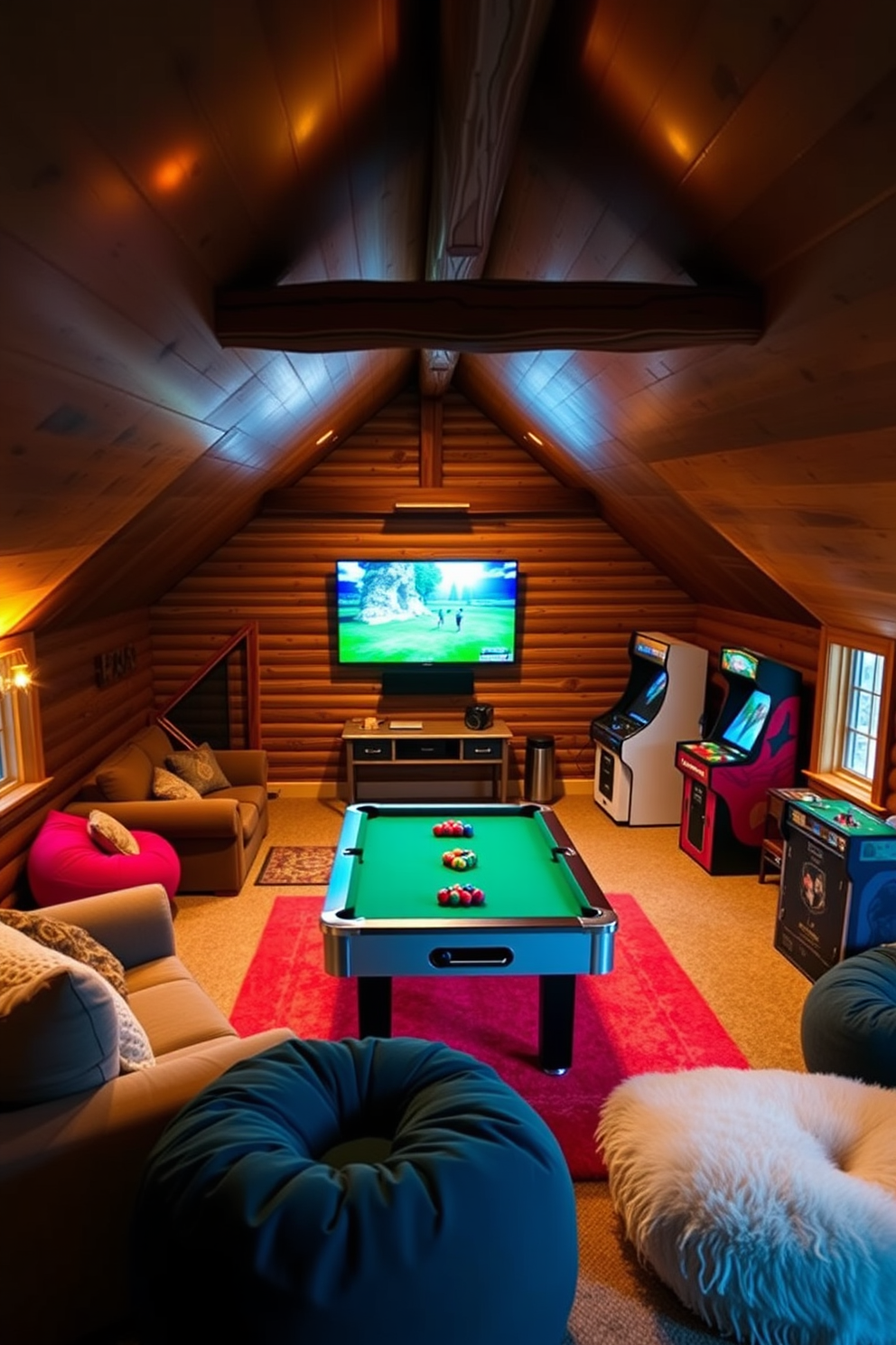 A cozy attic game room features a wall-mounted TV positioned for optimal viewing, surrounded by comfortable seating options like plush sofas and bean bags. The space is illuminated by soft ambient lighting, with a rustic wooden beam accentuating the sloped ceiling, creating a warm and inviting atmosphere. The room is designed with playful elements, including a pool table and a vintage arcade machine, providing entertainment for all ages. Brightly colored rugs define the gaming area, while large windows allow natural light to flood in, enhancing the overall cheerful vibe.