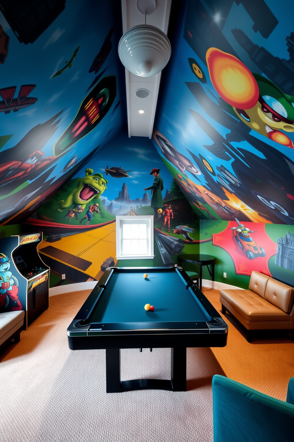 A vibrant attic game room featuring artistic murals depicting dynamic game scenes on the walls, creating an immersive atmosphere. The space is furnished with a sleek pool table in the center, surrounded by comfortable seating and a vintage arcade machine in the corner.