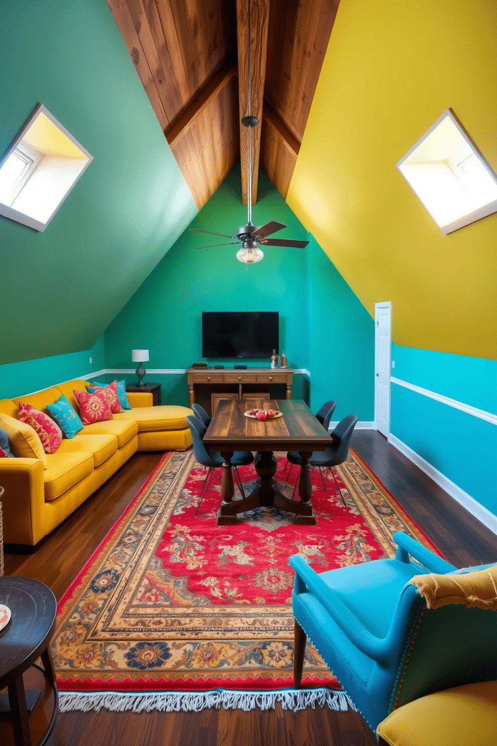 Bright accent walls in a lively attic game room create an energizing atmosphere. The walls are painted in vibrant hues like teal and sunny yellow, which contrast with the rustic wooden beams of the ceiling. A cozy seating area features a plush sectional sofa adorned with colorful throw pillows. A large, vintage-style rug anchors the space, while a custom-built game table occupies the center, surrounded by eclectic chairs.