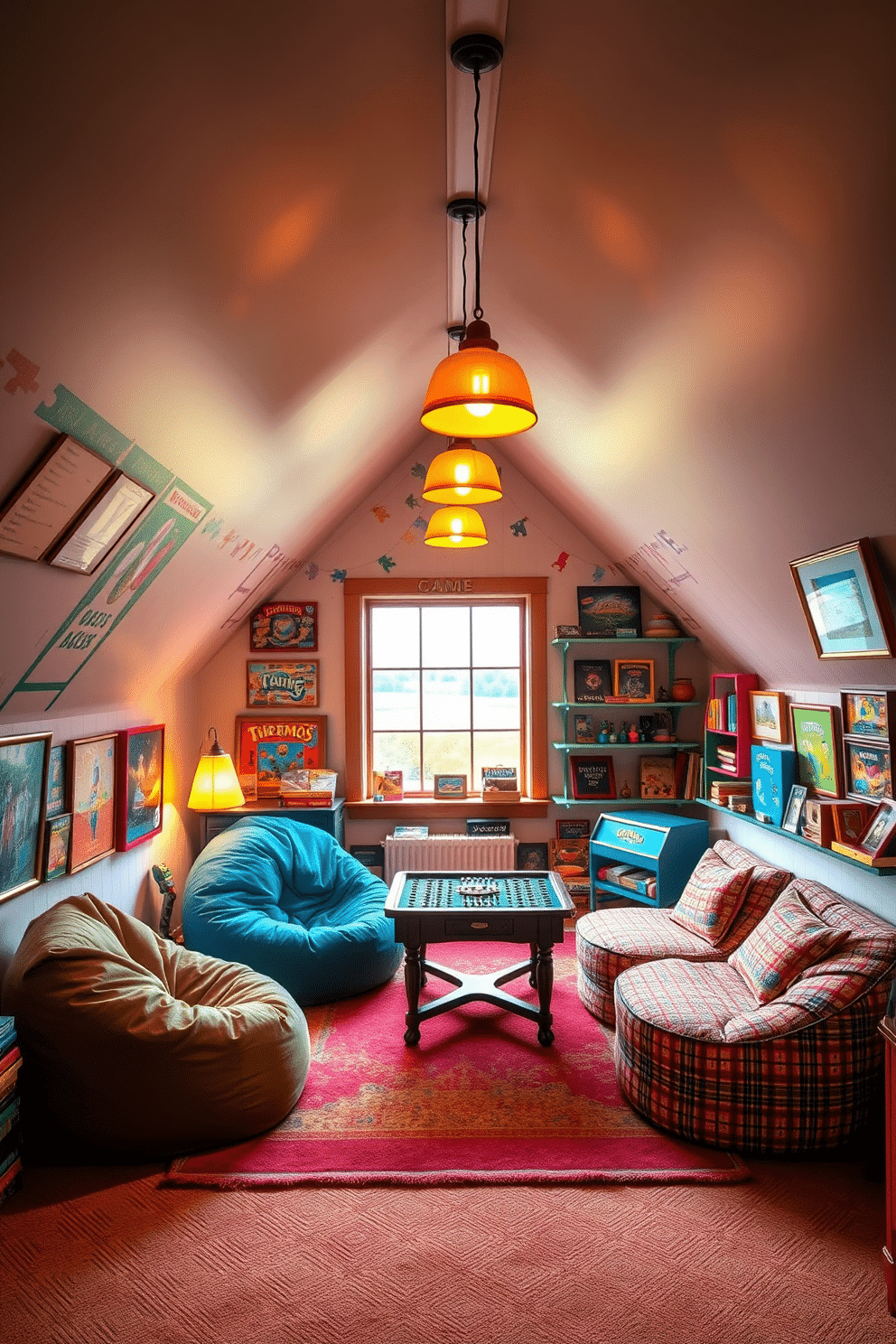 A whimsical attic game room filled with vibrant puzzles and games displayed as art on the walls. The room features a cozy seating area with plush bean bags and a vintage game table, illuminated by warm pendant lights hanging from the sloped ceiling. Colorful shelves are lined with board games and framed puzzles, creating an inviting and playful atmosphere. A large window offers natural light and a view of the surrounding landscape, enhancing the room's charm and functionality.