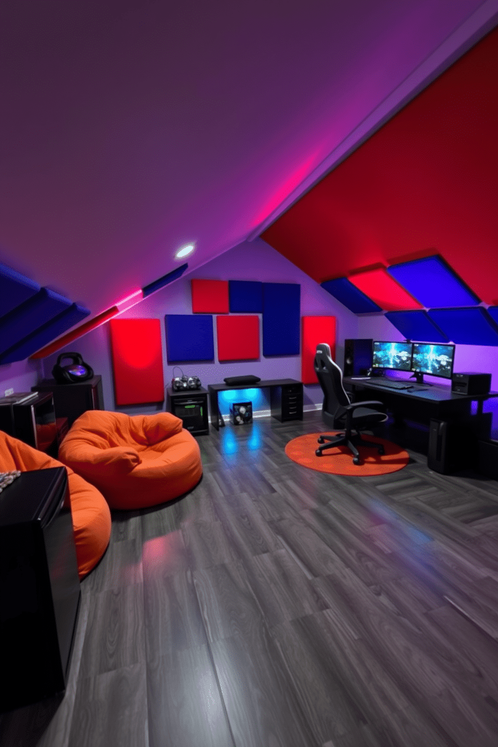 A dynamic attic game room featuring sturdy flooring designed to support heavy gaming equipment. The space is illuminated by soft LED lights, with a large gaming desk positioned against the sloped ceiling, equipped with multiple monitors and ergonomic chairs. The walls are adorned with soundproof panels in vibrant colors, creating an immersive atmosphere. A cozy seating area with plush bean bags and a mini-fridge is tucked into one corner, perfect for extended gaming sessions.