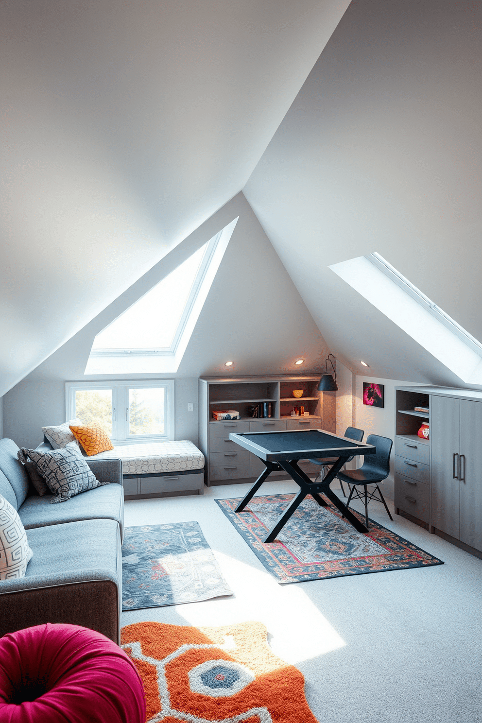 A stylish attic game room featuring multifunctional furniture that maximizes space. The room includes a sleek, convertible sofa bed, a foldable gaming table, and built-in storage units seamlessly integrated into the sloped walls. The color palette consists of soft grays and vibrant accents to create an inviting atmosphere. Large windows allow natural light to flood the space, complemented by cozy rugs and playful wall art that enhance the fun and relaxing vibe.