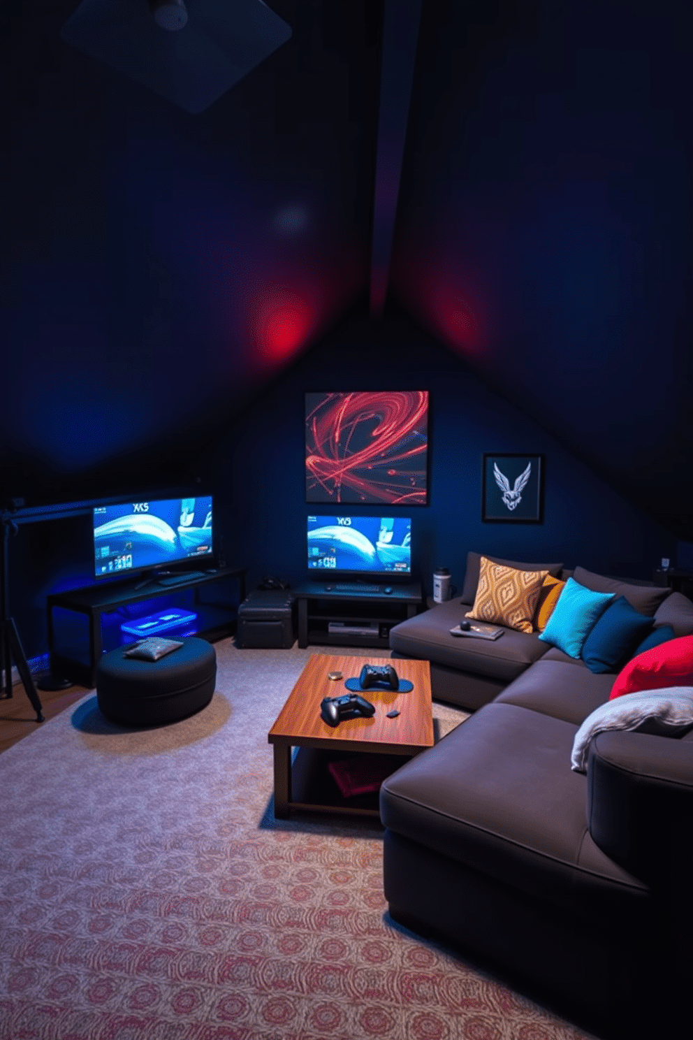 A cozy attic game room designed for late-night gaming sessions. The space features soft, ambient mood lighting that highlights the sleek gaming setup and plush seating area. The walls are painted in a deep navy blue, creating an immersive atmosphere. A large sectional sofa is adorned with colorful throw pillows, and a coffee table sits at the center, surrounded by gaming accessories.