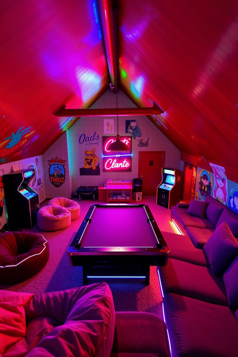 A vibrant attic game room filled with bright neon lights creating an energetic ambiance. The walls are adorned with colorful murals, and a sleek pool table takes center stage under a glowing neon sign. Cozy seating areas are arranged with plush bean bags and a sectional sofa, illuminated by LED strip lights along the edges. A retro arcade machine stands in one corner, complementing the playful atmosphere of the space.