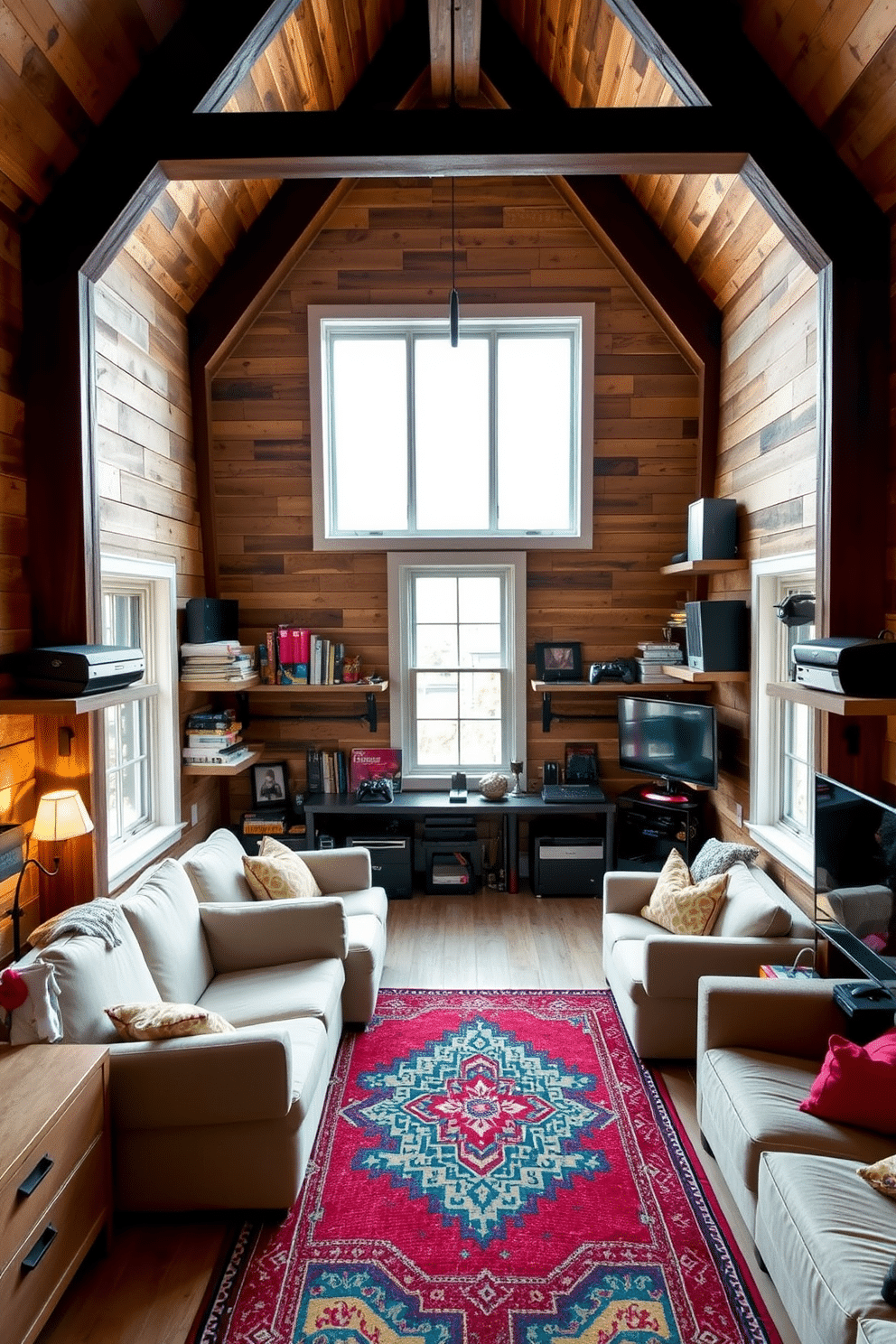 A cozy attic game room designed for leisure and entertainment. The walls are adorned with wall-mounted shelves made of reclaimed wood, showcasing an impressive collection of board games and video game consoles. Soft, ambient lighting creates a warm atmosphere, while plush seating options invite relaxation. A vibrant area rug anchors the space, and large windows allow natural light to flood in, enhancing the playful vibe of the room.