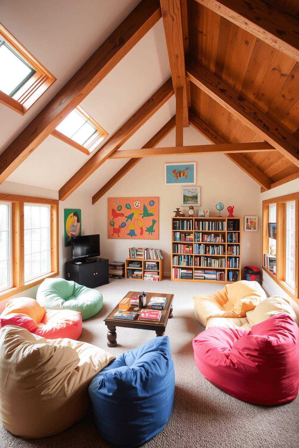 A cozy attic game room features soft bean bags scattered around a low coffee table, creating an inviting atmosphere for relaxation and play. Large windows allow natural light to flood the space, while colorful wall art adds a playful touch to the otherwise rustic wooden beams. The room is designed with a mix of vibrant and neutral colors, ensuring a balance between fun and comfort. A small gaming console is set up in one corner, accompanied by shelves filled with board games and books for all ages.