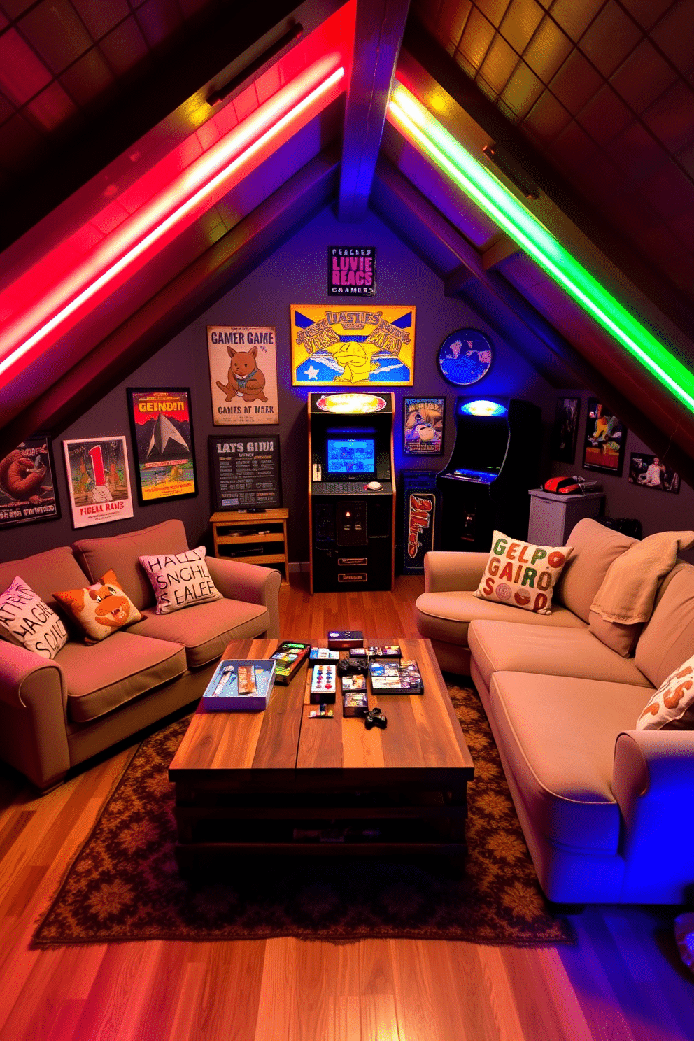 A cozy attic game room designed with a retro gaming theme. The walls are adorned with vintage posters of classic video games, and a large, plush sectional sofa is positioned for comfort. In the center, a reclaimed wood coffee table holds a collection of board games and snacks. Ambient LED strip lighting in vibrant colors adds a playful touch, while a vintage arcade machine stands proudly in one corner.