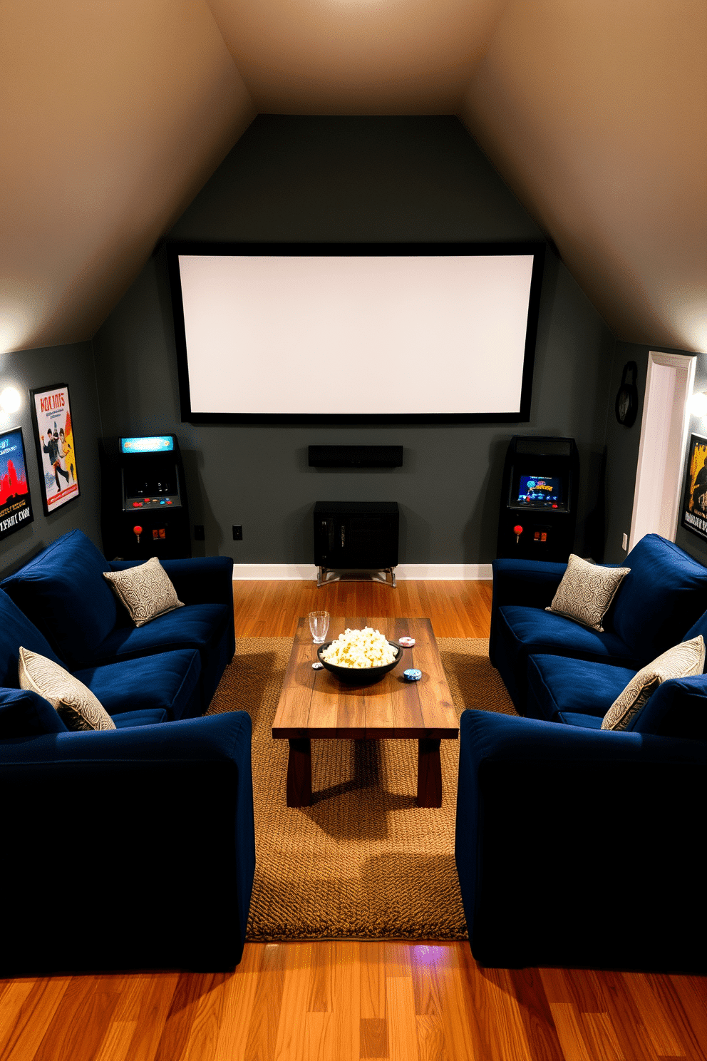 A cozy attic game room designed for movie nights features a large, wall-mounted screen surrounded by plush seating in deep navy blue. Soft ambient lighting creates a relaxed atmosphere, while a rustic wooden coffee table sits in the center, adorned with popcorn and snacks. The room is accented with playful decor, including vintage game posters and a retro arcade machine in the corner. A warm, textured rug covers the hardwood floor, inviting guests to lounge comfortably while enjoying their favorite films.