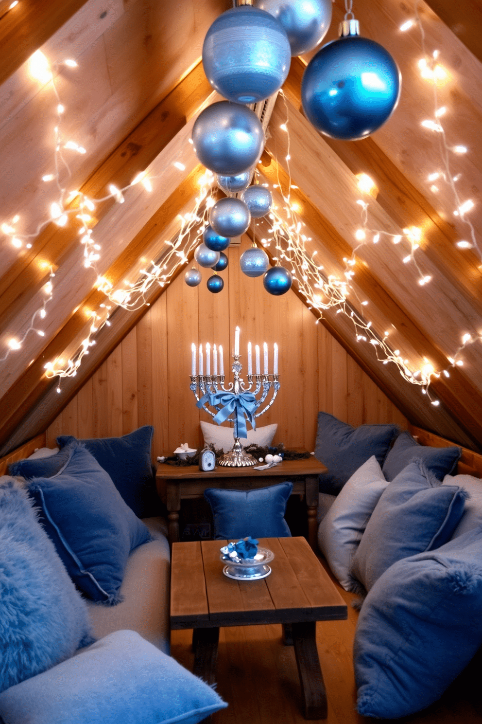 A cozy attic space transformed for Hanukkah celebrations, adorned with a blue and silver color scheme. Twinkling fairy lights drape across the wooden beams, creating a warm ambiance, while a beautifully decorated menorah takes center stage on a rustic table. Soft blue and silver ornaments hang from the ceiling, complementing the festive decor. Plush cushions in varying shades of blue are scattered across a comfortable seating area, inviting guests to relax and enjoy the festivities.