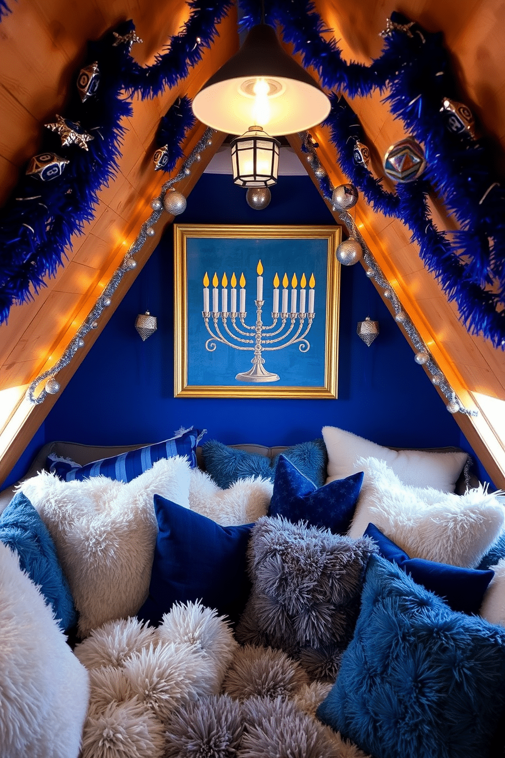 A cozy attic space adorned with Hanukkah-themed wall art. The walls are decorated with vibrant blue and silver accents, featuring a large menorah painting and hanging dreidels that add a festive touch. The room is filled with soft, warm lighting that creates an inviting atmosphere. Plush cushions in shades of blue and white are scattered across a comfortable seating area, enhancing the holiday spirit.