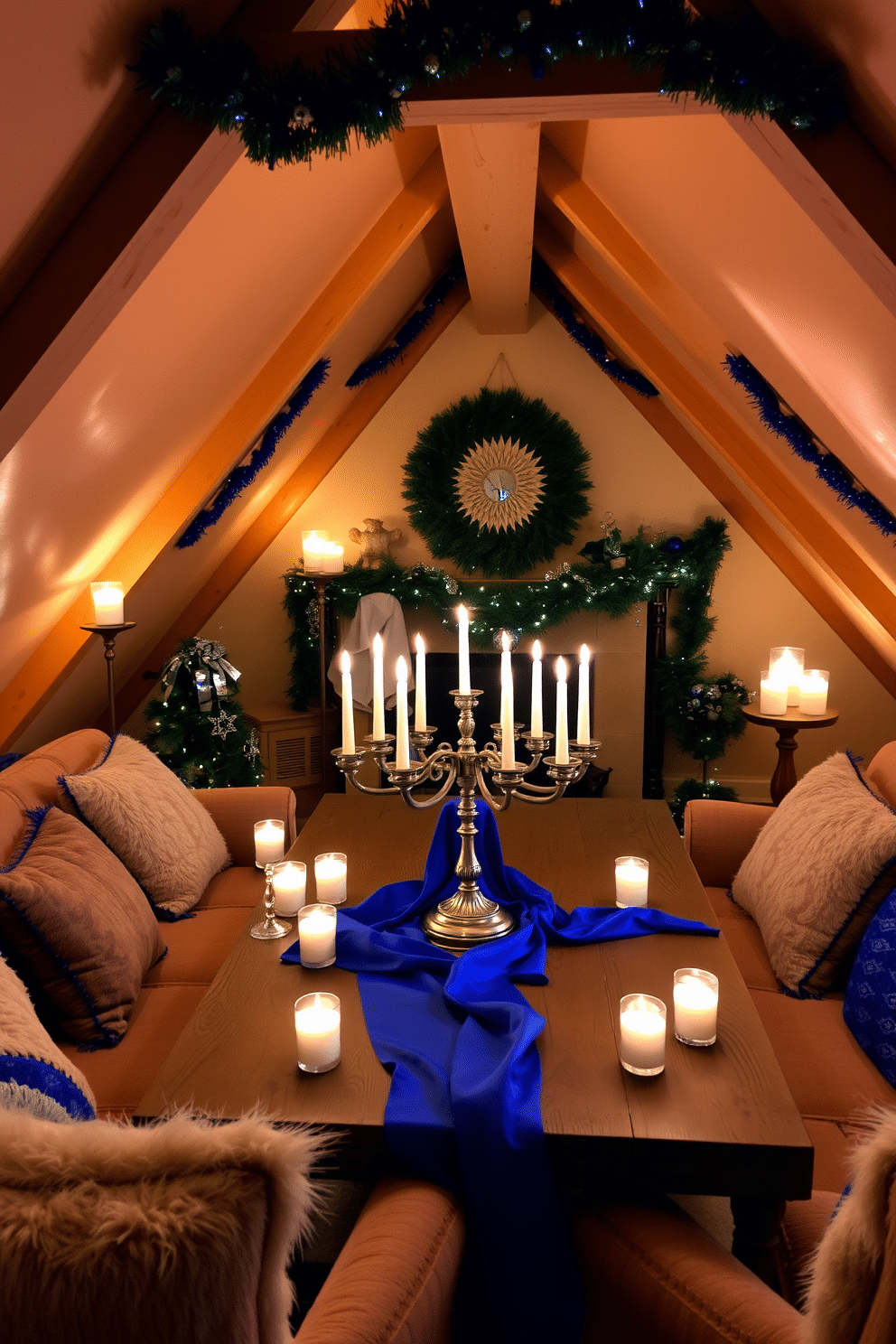 A cozy attic space adorned for Hanukkah, featuring candles in elegant glass holders that cast a warm glow throughout the room. The walls are decorated with festive blue and silver accents, while a beautifully draped menorah takes center stage on a rustic wooden table surrounded by plush seating.