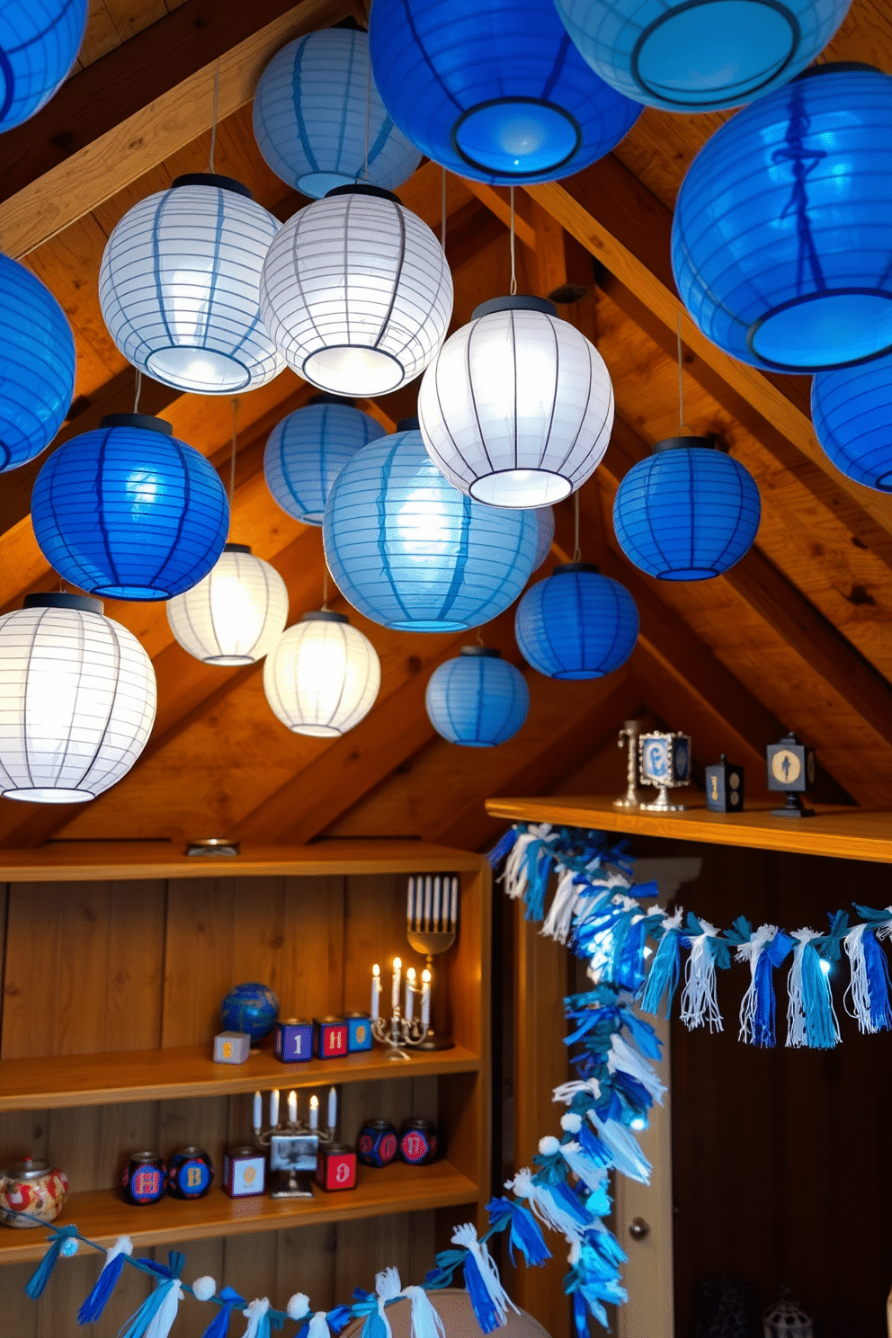 A cozy attic space adorned with blue and white paper lanterns casting a soft glow. The lanterns hang at varying heights, creating a whimsical atmosphere perfect for celebrating Hanukkah. Colorful dreidels and menorahs are thoughtfully arranged on rustic wooden shelves. Festive garlands made of blue and white fabric drape along the walls, adding a touch of holiday cheer.