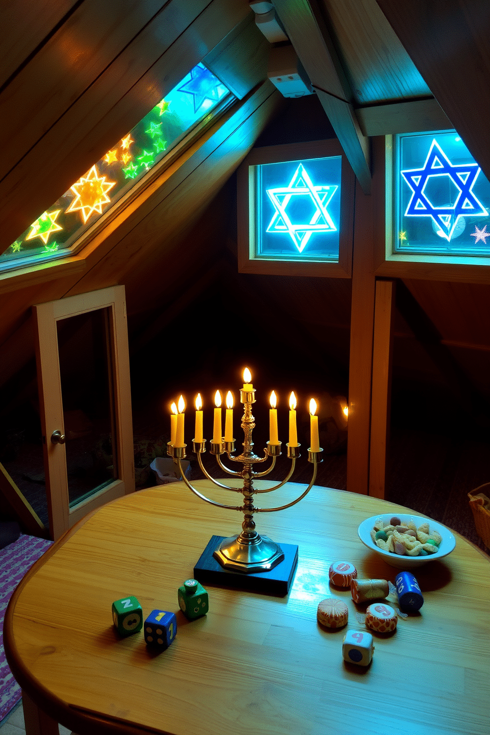 A cozy attic space adorned with festive window decals, showcasing vibrant designs of stars and menorahs that capture the spirit of Hanukkah. Soft, warm lighting illuminates the area, highlighting a beautifully decorated menorah on a wooden table, surrounded by colorful dreidels and traditional treats.