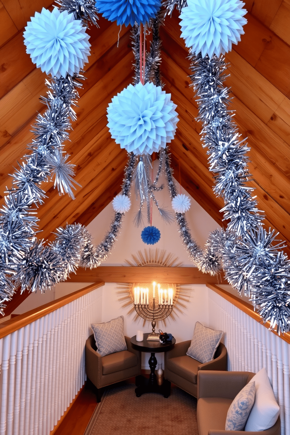 A cozy attic space adorned for Hanukkah features banisters wrapped in shimmering silver tinsel, adding a festive touch to the rustic wooden beams. Soft blue and white decorations hang from the ceiling, while a beautifully lit menorah sits on a small table surrounded by comfortable seating.