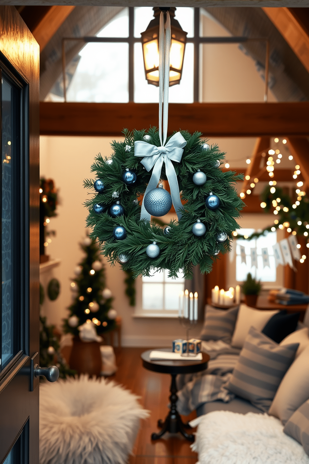 A beautiful Hanukkah wreath hangs elegantly on the front door, adorned with blue and silver ornaments that shimmer in the winter light. The lush greenery of the wreath is complemented by delicate ribbons, creating a warm and inviting entrance for guests during the festive season. In the attic, cozy decorations celebrate Hanukkah with a whimsical touch, including string lights that twinkle softly against the wooden beams. A table is set with a menorah and vibrant dreidels, surrounded by plush cushions and blankets for a perfect holiday gathering space.