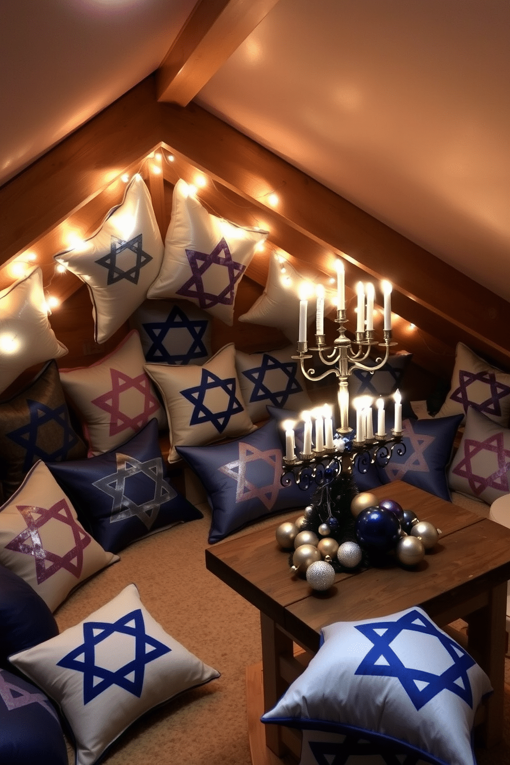 A cozy attic space adorned for Hanukkah, featuring a collection of Star of David pillows in various shades of blue and silver. Soft lighting from string lights creates a warm ambiance, while a beautifully decorated menorah sits on a rustic wooden table surrounded by festive ornaments.