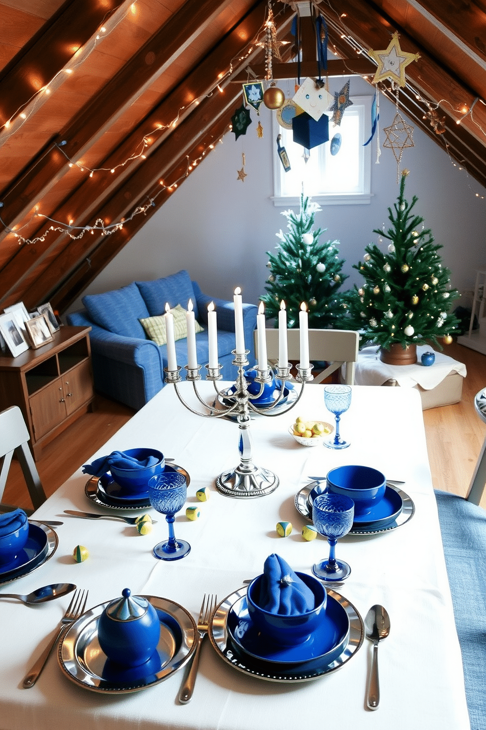 A festive Hanukkah table setting featuring a beautifully arranged menorah at the center, surrounded by elegant blue and silver tableware. The table is adorned with a crisp white tablecloth, and scattered are decorative dreidels and gelt, adding a playful touch to the sophisticated arrangement. A cozy attic space transformed for Hanukkah, with string lights draped across the beams and a warm color palette of blues and golds. A small, decorated tree sits in one corner, while handmade decorations hang from the rafters, creating a charming and inviting atmosphere for family gatherings.