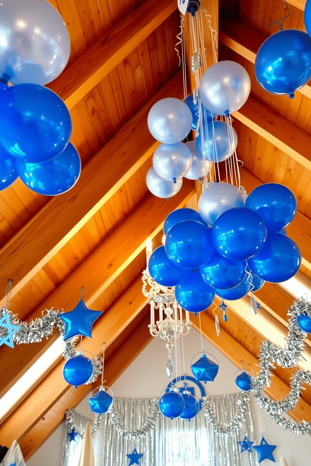 A whimsical attic space adorned for Hanukkah, featuring clusters of blue and silver balloons that float gracefully from the wooden beams. The walls are decorated with shimmering silver garlands and blue Star of David ornaments, creating a festive and joyful atmosphere.