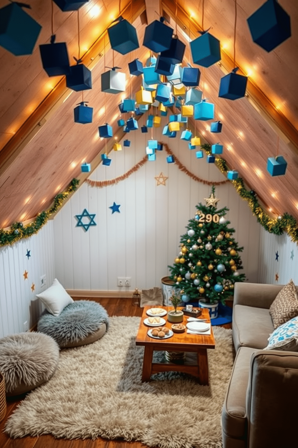 A cozy attic space adorned with hanging paper dreidel decorations, showcasing a playful mix of blues, golds, and silvers. Soft, warm lighting illuminates the room, highlighting the festive atmosphere while a plush area rug anchors the space beneath a small, decorated Hanukkah tree. In one corner, a wooden table is set with traditional Hanukkah treats, surrounded by comfortable seating. The walls are adorned with festive garlands and star motifs, creating a cheerful and inviting ambiance perfect for family gatherings.