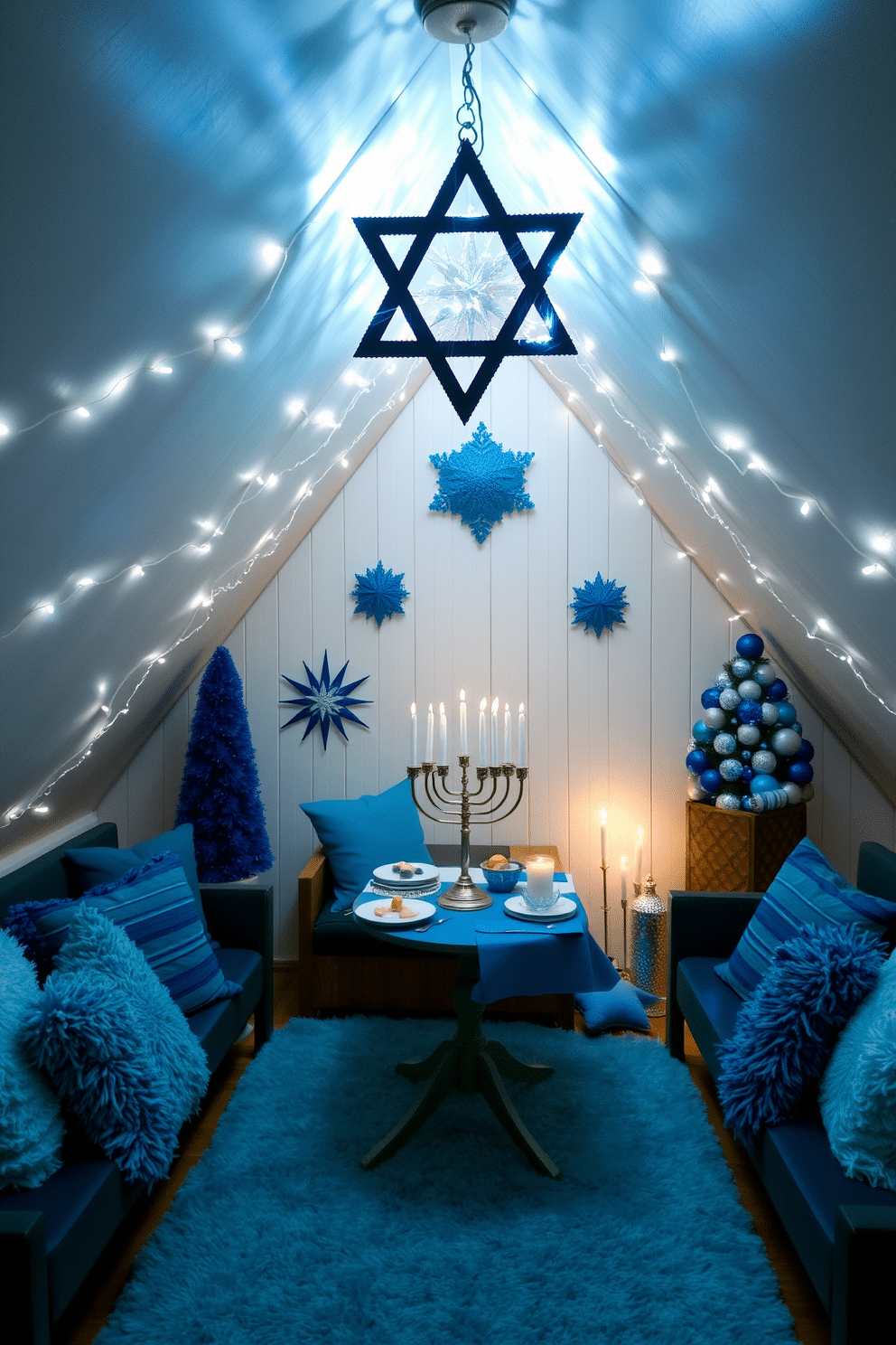 A beautifully decorated attic space for Hanukkah, featuring a large Star of David hanging from the ceiling, illuminated by soft white fairy lights. The walls are adorned with festive blue and silver decorations, creating a warm and inviting atmosphere for family gatherings. Cozy seating arrangements with plush cushions in shades of blue surround a small table set for a festive meal. A menorah sits prominently on the table, surrounded by traditional Hanukkah treats and candles, enhancing the celebratory spirit of the space.