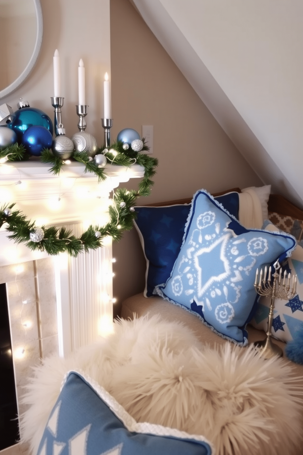 A festive Hanukkah-themed mantel decor featuring a beautiful arrangement of blue and silver ornaments, including menorahs and dreidels. Soft white lights drape elegantly along the mantel, complemented by a garland of evergreen and silver accents. In the attic, cozy Hanukkah decorating ideas transform the space into a warm retreat. Plush cushions in shades of blue and white invite relaxation, while handmade decorations and a small tabletop menorah add a personal touch to the festive atmosphere.