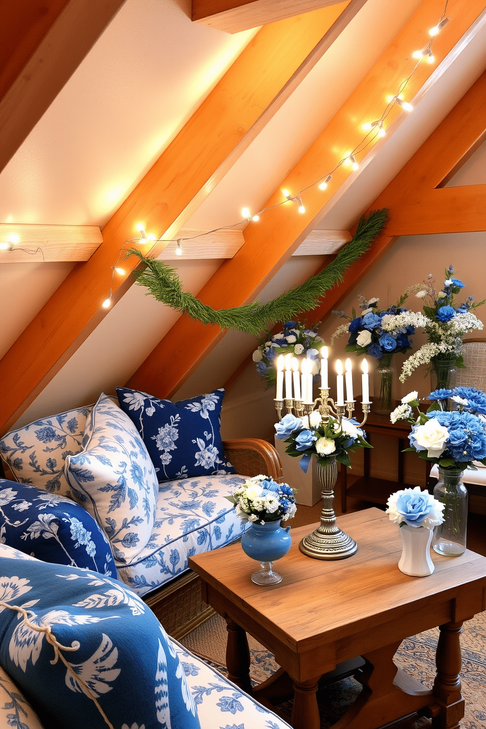 A charming attic space adorned for Hanukkah features a cozy seating area with plush cushions in blue and white floral patterns. Soft, twinkling lights hang from exposed beams, illuminating a beautifully decorated menorah placed on a rustic wooden table. Colorful blue and white floral arrangements are artfully displayed in vintage vases throughout the attic, creating a festive atmosphere. A delicate garland of greenery intertwines with the floral decor, enhancing the seasonal cheer of the space.