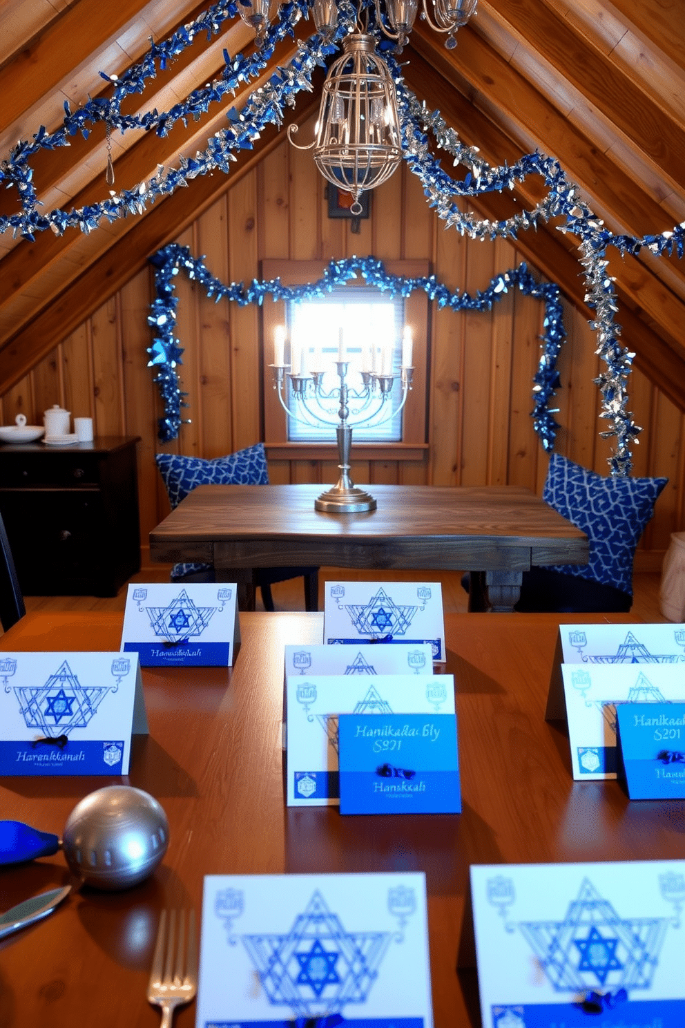 A festive dining table setting featuring elegant Hanukkah-themed place cards. Each card is adorned with a blue and silver color scheme, incorporating traditional symbols such as the menorah and dreidel. A cozy attic space transformed for Hanukkah celebrations, showcasing creative decorations. The walls are draped with shimmering blue and silver garlands, while a beautifully lit menorah takes center stage on a rustic wooden table.