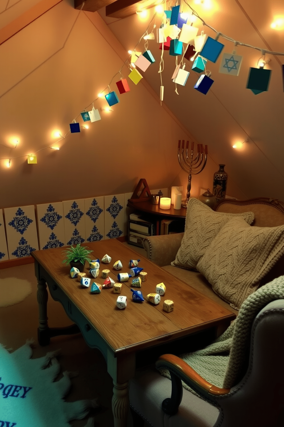 A cozy attic space adorned for Hanukkah, featuring a whimsical arrangement of dreidels and gelt scattered across a rustic wooden table. Soft fairy lights twinkle overhead, casting a warm glow on the walls decorated with traditional blue and white motifs. Colorful garlands made of paper dreidels hang from the slanted ceiling, adding a festive touch to the room. Plush cushions and a knitted throw are arranged on a vintage armchair, inviting guests to relax and enjoy the holiday spirit.