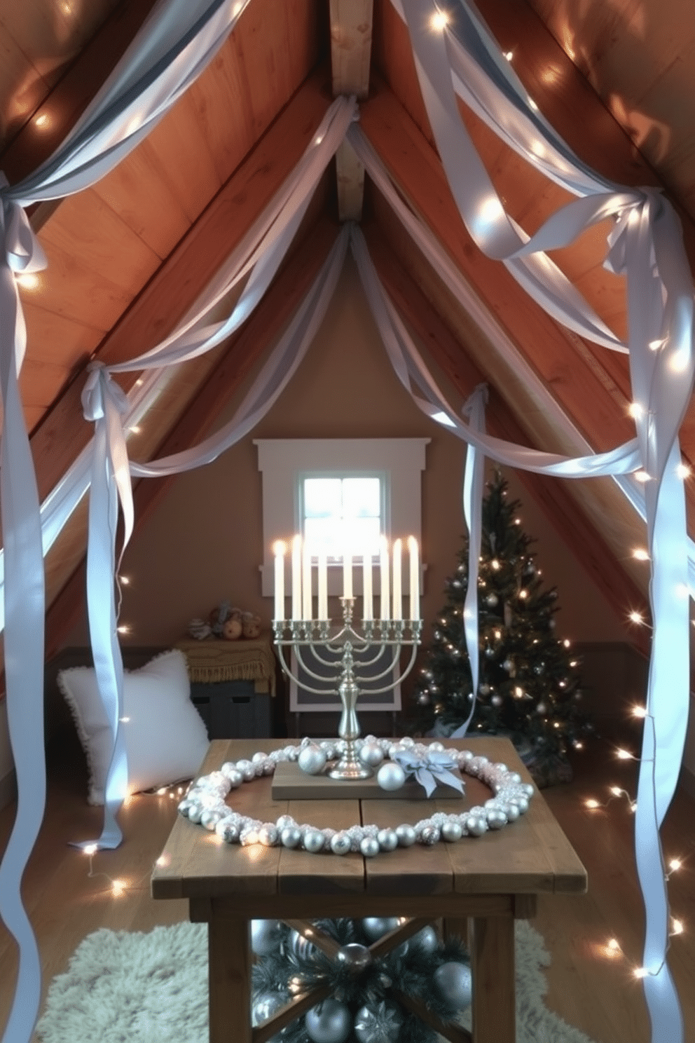 A cozy attic space adorned for Hanukkah, featuring soft blue and silver ribbon accents draped elegantly along the exposed beams. The decor includes a beautifully arranged menorah on a rustic wooden table, surrounded by shimmering ornaments and twinkling fairy lights that create a warm, inviting atmosphere.