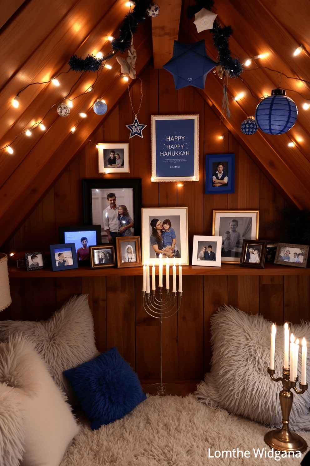 A cozy attic space adorned for Hanukkah, featuring a collection of beautifully designed photo frames that celebrate the festival of lights. The frames are arranged on a rustic wooden shelf, showcasing family memories and traditional symbols, with soft, warm lighting illuminating the scene. The walls are decorated with festive blue and white accents, including string lights and handmade ornaments. A comfortable seating area with plush cushions invites guests to relax and enjoy the holiday spirit, while a small table holds a menorah, ready for candle lighting.