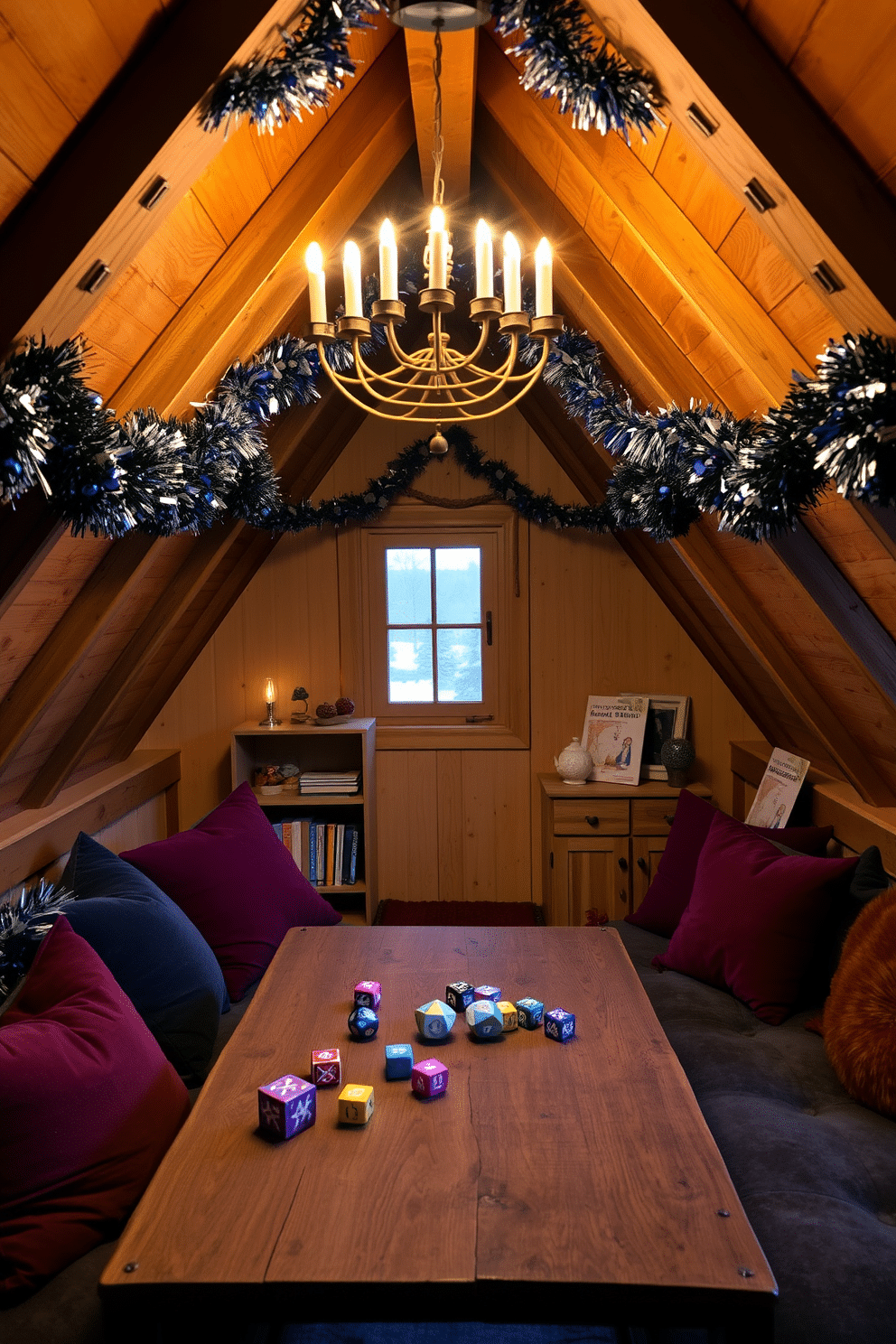 A cozy attic space adorned for Hanukkah, featuring a beautifully crafted menorah hanging from the wooden beams. Soft, warm lighting illuminates the area, highlighting festive garlands of blue and silver that drape across the walls. Colorful dreidels and Star of David ornaments are scattered across a rustic wooden table, surrounded by plush cushions in rich jewel tones. The atmosphere is inviting, with a small bookshelf displaying traditional Hanukkah books and a window showcasing a snowy landscape outside.