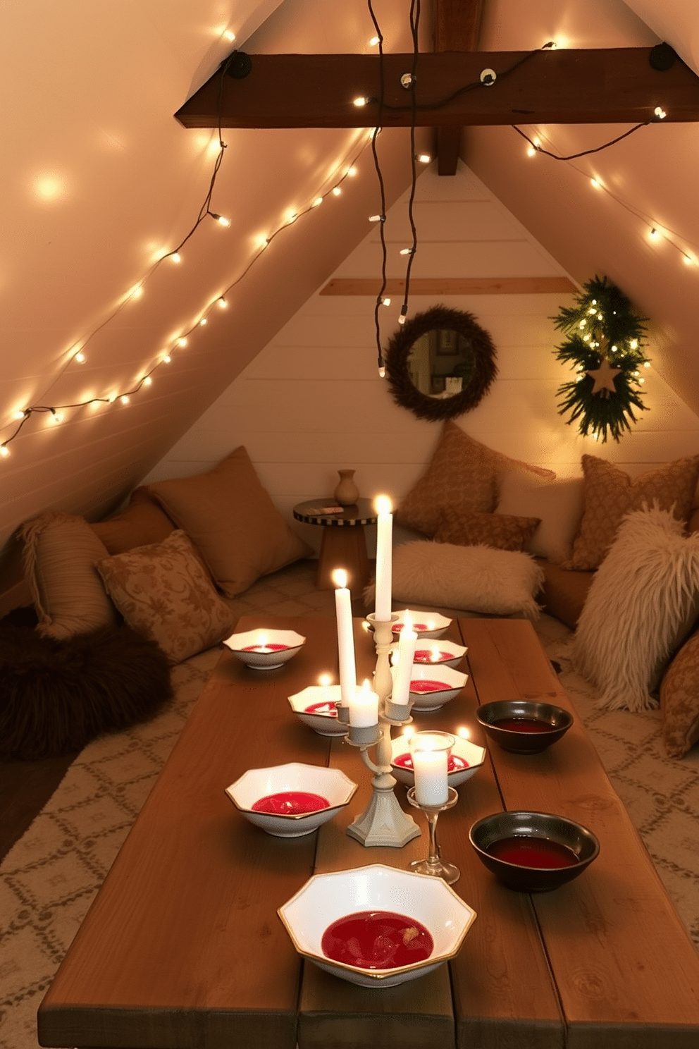 A charming attic space adorned for Hanukkah, featuring decorative gelt displayed in elegant bowls scattered across a rustic wooden table. Soft string lights hang from the sloped ceiling, casting a warm glow over the cozy seating area filled with plush cushions and festive accents.