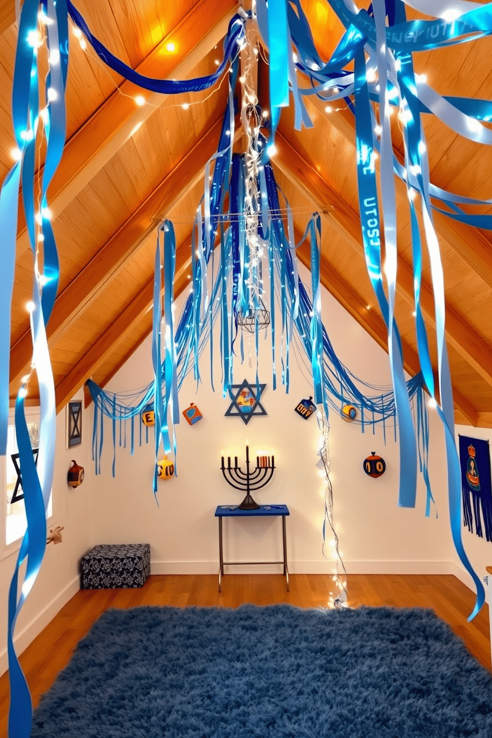 A whimsical attic decorated for Hanukkah features vibrant blue and silver streamers draped elegantly from the ceiling beams. Twinkling fairy lights intertwine with the streamers, creating a festive and cozy atmosphere for family gatherings. The walls are adorned with handmade menorahs and colorful dreidels, adding a personal touch to the décor. A large, plush rug in shades of blue anchors the space, inviting guests to sit and celebrate together.