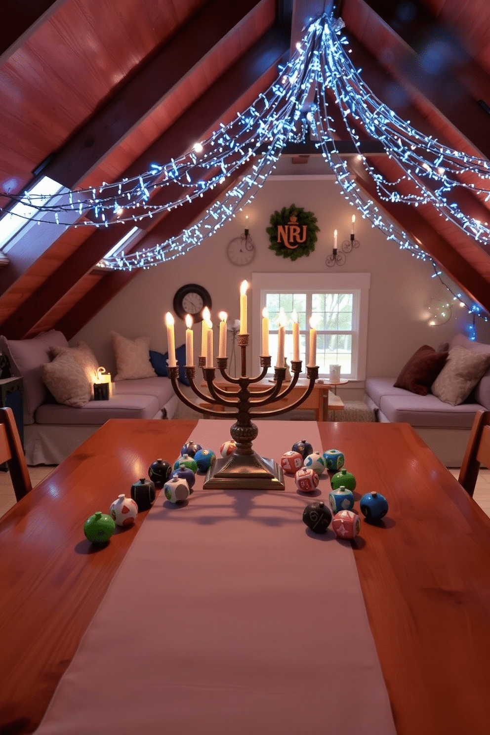 A beautifully crafted menorah centerpiece stands proudly on a polished wooden table, surrounded by an array of colorful dreidels and shimmering gelt. Soft, warm lighting enhances the festive atmosphere, casting gentle shadows that dance across the tablecloth. In the attic, whimsical Hanukkah decorations adorn the space, with strings of blue and silver lights twinkling against the exposed beams. Cozy seating areas are arranged with plush cushions, inviting family and friends to gather and celebrate the holiday spirit.