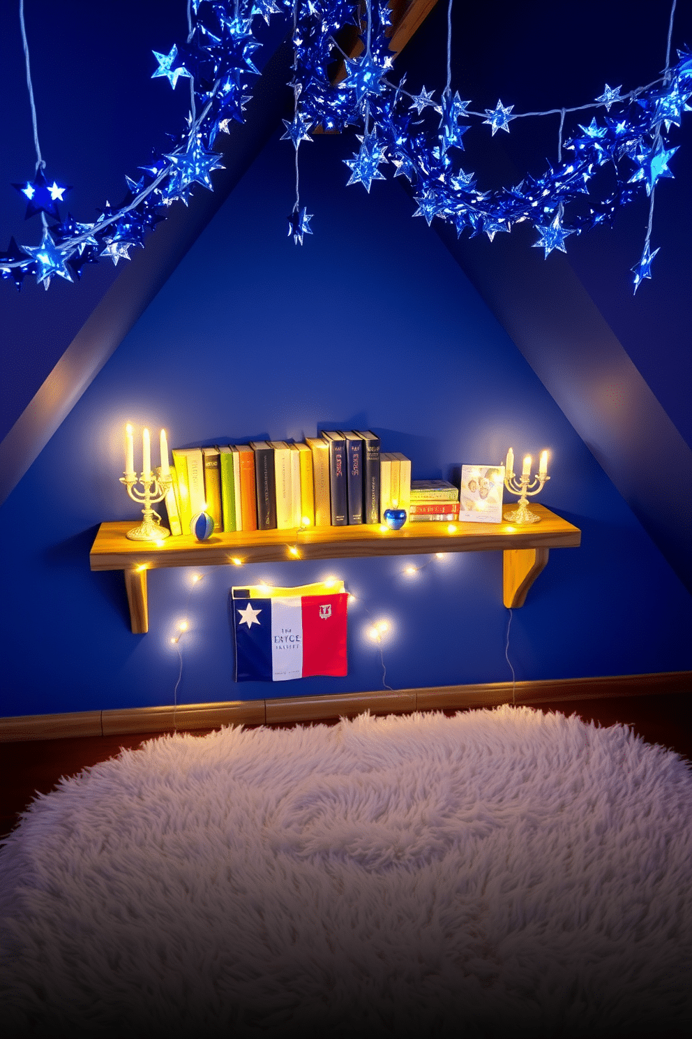 A cozy attic space transformed for Hanukkah, featuring a charming book display on a rustic wooden shelf. The shelf is adorned with a collection of beautifully bound books alongside decorative dreidels and menorahs, all illuminated by soft, warm fairy lights. The walls are painted in a deep blue hue, reminiscent of the night sky, while the floor is covered with a plush, cream-colored rug. Festive garlands made of blue and silver stars hang from the ceiling, creating a magical atmosphere perfect for celebrating the holiday.