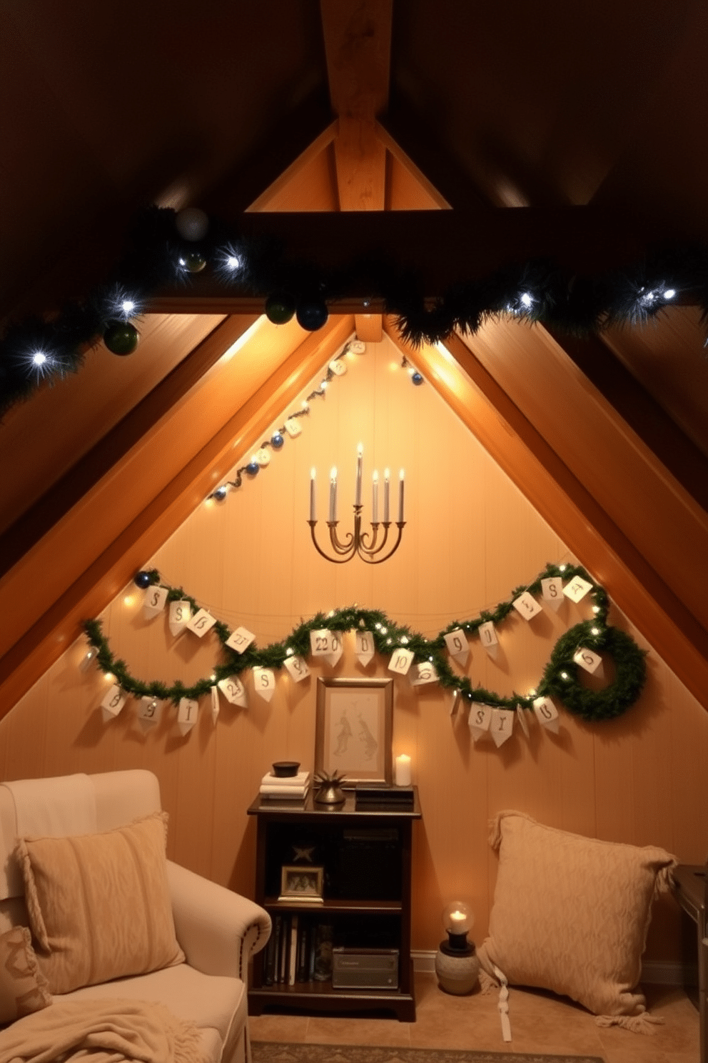 A cozy attic space adorned for Hanukkah, featuring a whimsical dreidel garland gracefully draped along the walls. Soft, warm lighting illuminates the room, highlighting festive decorations and creating an inviting atmosphere for family gatherings.