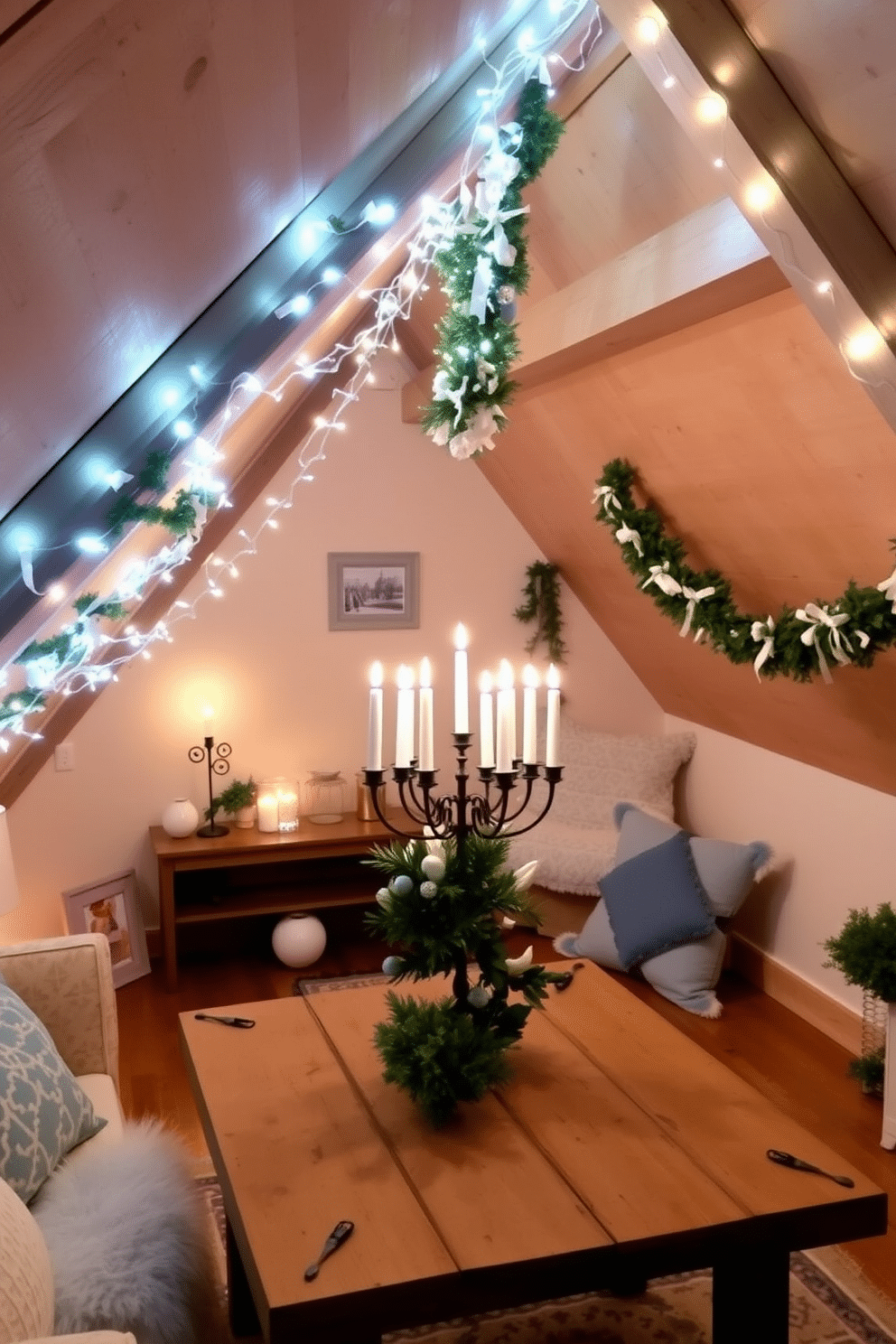 A cozy attic space decorated for Hanukkah, illuminated by twinkling fairy lights draped across the wooden beams. Soft blue and white accents adorn the room, including a beautifully arranged menorah on a rustic table and festive garlands hanging from the walls.