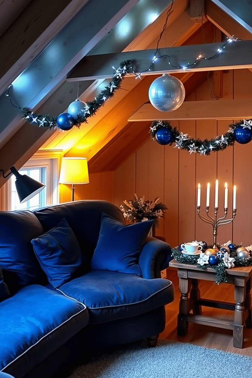 Cozy seating with blue cushions. A plush, oversized armchair is positioned near a window, adorned with deep blue cushions that invite relaxation. Soft, ambient lighting from a nearby floor lamp enhances the warm atmosphere, while a small wooden side table holds a steaming cup of tea. Attic Hanukkah decorating ideas. The space features a beautifully adorned menorah on a rustic wooden table, surrounded by shimmering blue and silver decorations. Twinkling fairy lights are draped along the exposed beams, creating a festive ambiance that celebrates the holiday spirit.